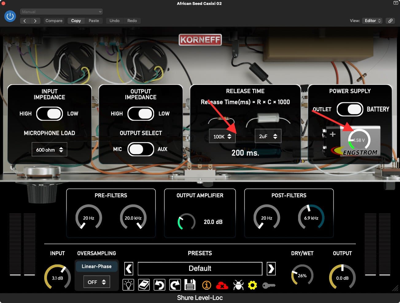 Settings for click distortion to a shaker.