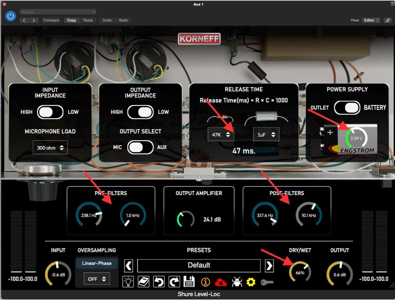 Settings for resonance distortion on a reverb return.
