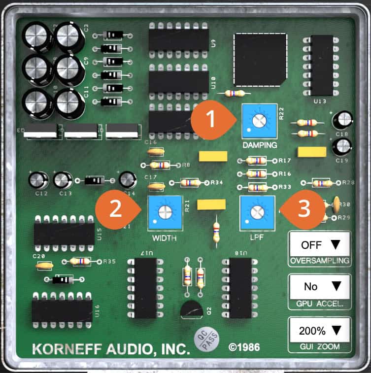 MDR back panel circuit board with numbered callouts on the Damping, Width and LPF trim pots, plus Oversampling, GPU Accel and GUI Zoom menus