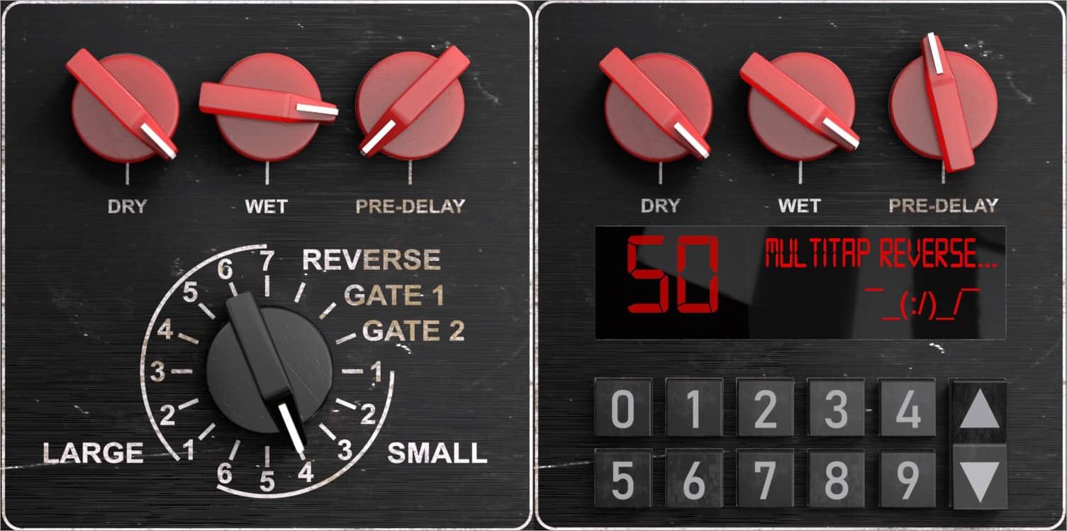 MDR controls: Machine 1 with Dry, Wet, Pre-Delay and program selector; Machine 2 with Dry, Wet, Pre-Delay, preset display and keypad