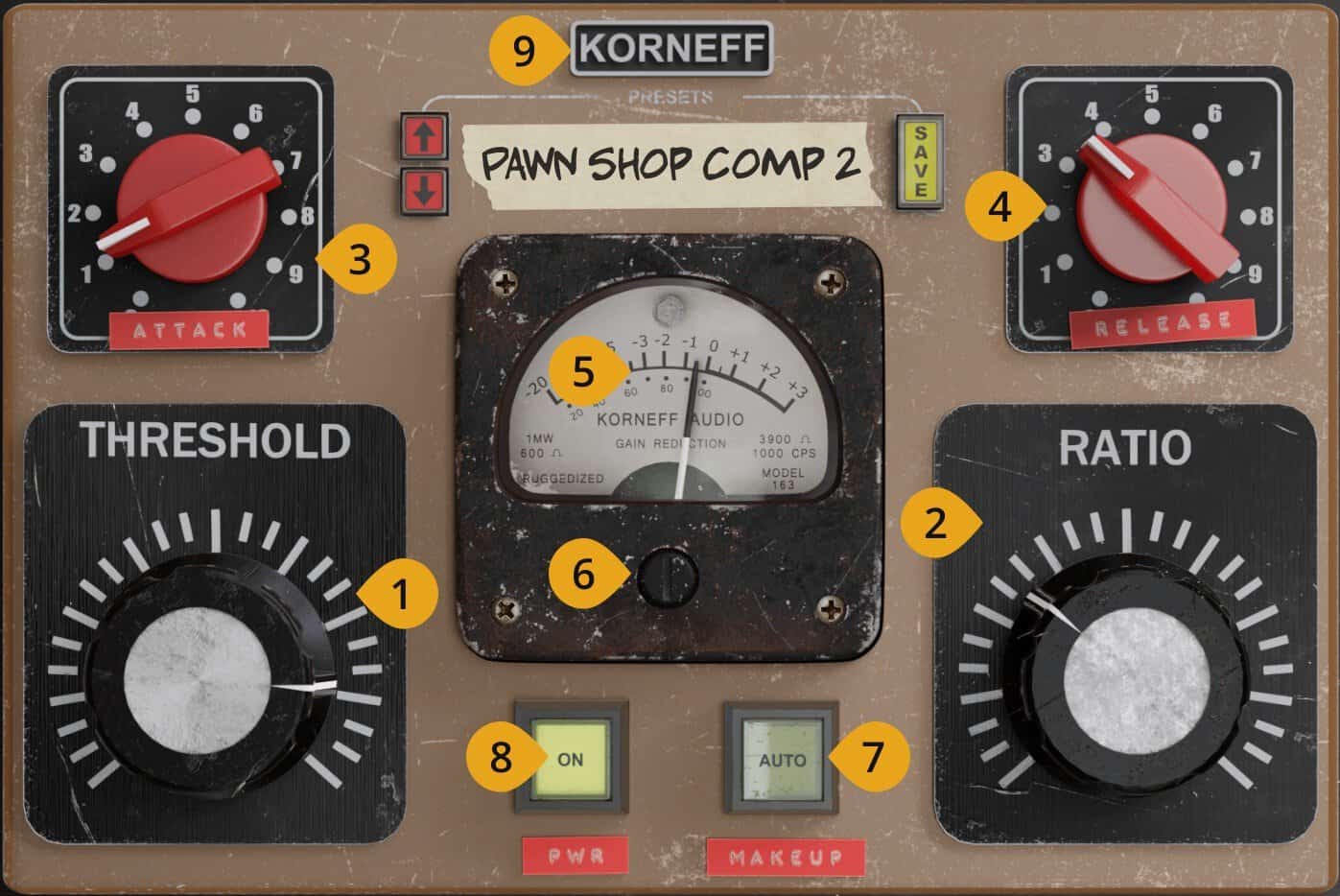 The Pawn Shop Comp front panel with controls numbered 1 to 9