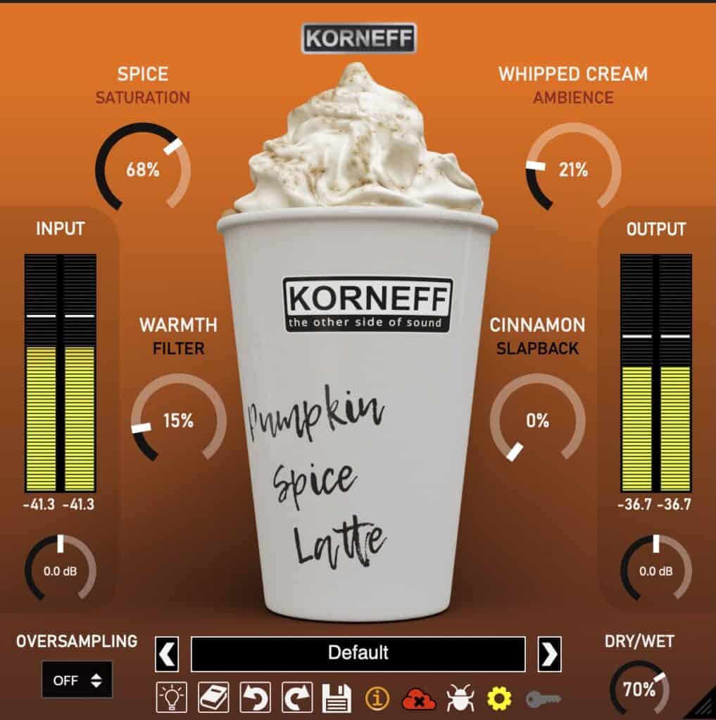 Pumpkin Spice Latte front panel with Spice, Whipped Cream, Warmth, Cinnamon and Espresso Shot controls